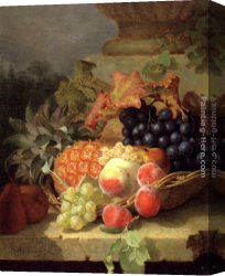 Stone Canvas Paintings - Peaches, Grapes And A Pineapple In A Basket, On A Stone Ledge by Eloise Harriet Stannard