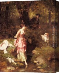 Hunters Canvas Paintings - A Young Beauty Crossing a Brook with a Hunter Beyond by Emile Pierre Metzmacher