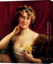 Emile Canvas Paintings - An Elegant Lady With A Yellow Rose by Emile Vernon