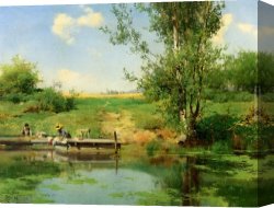 By The River, Brondbyvester Canvas Paintings - Laundry at the Edge of the River by Emilio Sanchez-Perrier