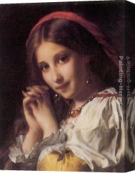 Girl with a Red Hat Canvas Paintings - Portrait of a Girl with Red Shawl by Etienne Adolphe Piot