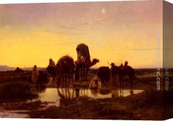 Camel's Canvas Paintings - Camel Train By An Oasis At Dawn by Eugene-Alexis Girardet