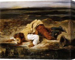 Halt of The Brigands Canvas Paintings - A Mortally Wounded Brigand Quenches his Thirst by Eugene Delacroix