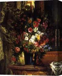 Eugene Canvas Paintings - A Vase of Flowers on a Console by Eugene Delacroix