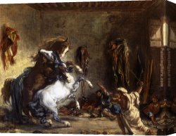 Horse Canvas Paintings - Arab Horses Fighting in a Stable by Eugene Delacroix