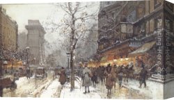 Porte Canvas Paintings - A Busy Boulavard Under Snow at Porte St. Martin, Paris by Eugene Galien-Laloue