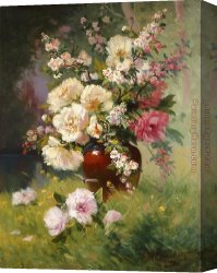 Eugene Canvas Paintings - Peonies and Cerisiers by Eugene Henri Cauchois