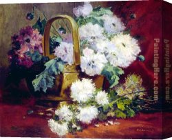 Basket Canvas Paintings - Still Life of Flowers in a Basket by Eugene Henri Cauchois