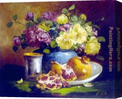 Still Life with Apples And Pomegranate Canvas Paintings - Still Life with Pomegranate by Eugene Henri Cauchois