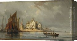Construction Worker Canvas Paintings - Coastal Landscape with Boats and Constructions by Eugene Isabey