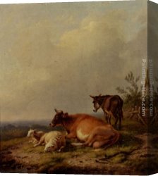 Cattle And Sheep Resting Canvas Paintings - A Cow, A Sheep And A Donkey by Eugene Verboeckhoven
