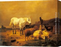 Goats Canvas Paintings - A Horse, Sheep and a Goat in a Landscape by Eugene Verboeckhoven