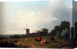 Highland Cattle Grazing by a Mountain Stream Canvas Paintings - A Panoramic Summer Landscape With Cattle Grazing In A Meadow By A Windmill by Eugene Verboeckhoven