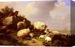 A Shepherd And His Dog Guarding a Flock of Sheep Canvas Paintings - Guarding The Flock By The Coast by Eugene Verboeckhoven