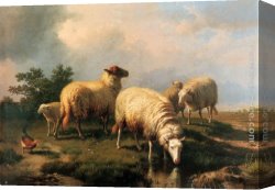 Chickens, Canvas Paintings - Sheep And A Chicken In A Landscape by Eugene Verboeckhoven