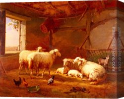 Chickens, Canvas Paintings - Sheep With Chickens And A Goat In A Barn by Eugene Verboeckhoven