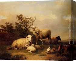 Cattle And Sheep Resting Canvas Paintings - Sheep With Resting Lambs And Poultry In A Landscape by Eugene Verboeckhoven