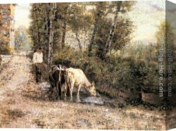 Quiet Canvas Paintings - Cows Watering at a Quiet Pool by Eugenio Zampighi