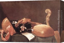 Musical Instruments Canvas Paintings - Still-Life with Musical Instruments by Evaristo Baschenis