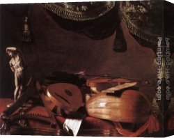 Musical Instruments Canvas Paintings - Still-Life with Musical Instruments and a Small Classical Statue by Evaristo Baschenis