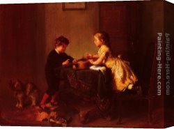 Playing Hide And Seek Canvas Paintings - Children Playing with a Guitar by Felix Schlesinger