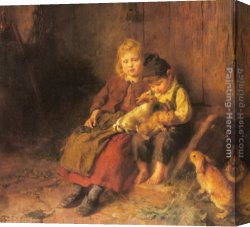 Playing Hide And Seek Canvas Paintings - Two Children Playing with Rabbits by Felix Schlesinger
