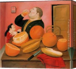 Man with Scythe Canvas Paintings - Man drink Orange Juice by Fernando Botero