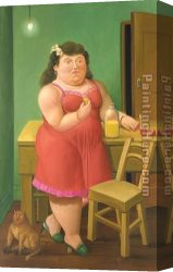 Woman with a Mirror Canvas Paintings - Woman Drinking With Cat by Fernando Botero