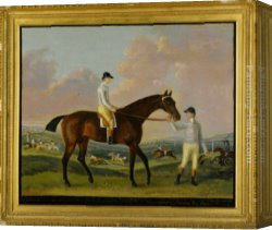 Horse Canvas Paintings - Portrait of Henry Comptons Race Horse Cottager Held by a Groom with Jockey and a Race Beyond by Francis Sartorius