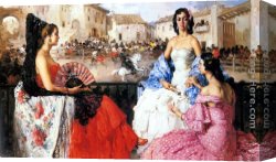 Fight Canvas Paintings - Elegant Women Watching a Bull Fight by Francisco Rodriguez San Clement