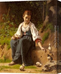 Feeding The Pigeons Canvas Paintings - A Young Girl feeding Baby Chicks by Francois Alfred Delobbe