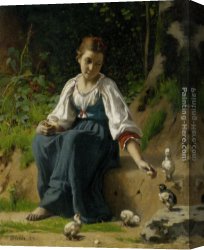 Feeding The Pigeons Canvas Paintings - Young Girl Feeding the Baby Chicks by Francois Alfred Delobbe