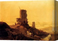 Antoine Canvas Paintings - A Hill With An Arab Windmill Under Construction, A Town In The Distance by Francois Antoine Bossuet