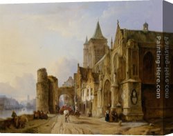 Riverside Canvas Paintings - Figures in the Streets of a Riverside Town by Francois Antoine Bossuet