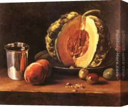Goblet Canvas Paintings - Still life with a Pumpkin, Peaches and a Silver Goblet on a Table Top by Francois Bonvin