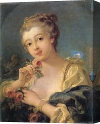 Young Canvas Paintings - Young Woman with a Bouquet of Roses by Francois Boucher