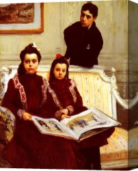 Sisters Canvas Paintings - Family Portrait of a Boy and his two Sisters admiring a Sketch Book by Francois Flameng