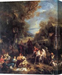 A Picnic on The Riverbank Canvas Paintings - Hunting Picnic by Francois Lemoyne