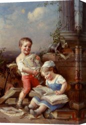 Anne-francois-louis Canvas Paintings - Soap Bubbles And Reading About Fashion (Pic 1) by Francois-Louis Lanfant de Metz