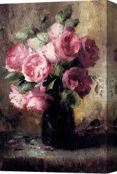 Les Roses Et Jasmin Dans Le Vase De Delft Canvas Paintings - Pink Roses In A Vase by Frans Mortelmans