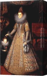 Austria Canvas Paintings - Portrait of Isabella Clara Eugenia of Austria with her Dwarf by Frans Pourbus the Younger