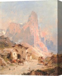 Unterberger Canvas Paintings - Figures in a Village in the Dolomites by Franz Richard Unterberger