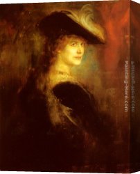 Portrait of a Lady Holding a Fan Canvas Paintings - Portrait Of An Elegant Lady In Rubenesque Costume by Franz von Lenbach