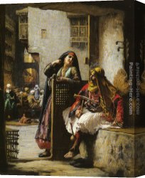 Bridgman Canvas Paintings - Almeh Flirting with an Armenian Policeman, Cairo by Frederick Arthur Bridgman