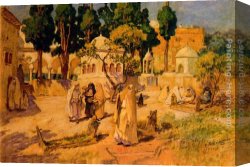Spanish Town Canvas Paintings - Arab Women at the Town Wall by Frederick Arthur Bridgman