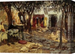 A Mediterranean Courtyard Canvas Paintings - Idle Moments An Arab Courtyard by Frederick Arthur Bridgman