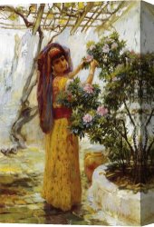 A Mediterranean Courtyard Canvas Paintings - In the Courtyard by Frederick Arthur Bridgman