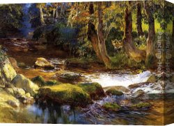 An English River in Autumn Canvas Paintings - River Landscape with Deer by Frederick Arthur Bridgman