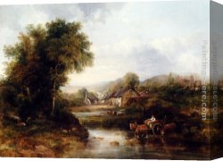 Cart Canvas Paintings - An Extensive River Landscape With A Drover In A Cart With His Cattle by Frederick Waters Watts