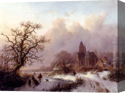 A Winter Landscape with Skaters Near a Village Canvas Paintings - A Frozen Winter Landscape by Frederik Marianus Kruseman